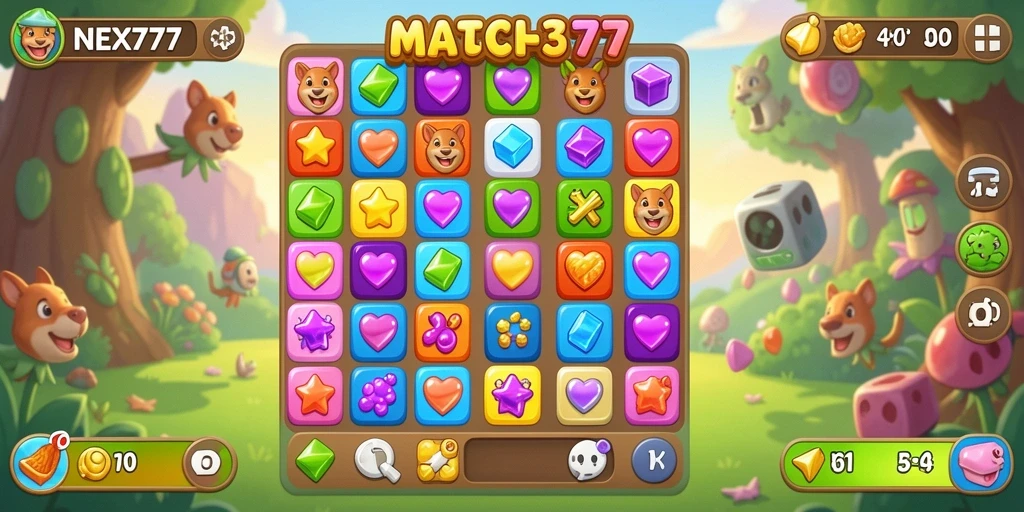Tampilan gameplay NEX777 yang menarik dan penuh warna dalam mode Match-3.